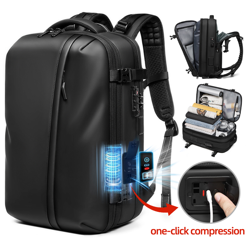 Laptop Backpack Anti Theft - กระเป๋าเป้เดินทางสำหรับผู้ชาย พร้อมปั๊มสูญญากาศแบบกดปุ่มเดียว กระเป๋าเป้สำหรับใส่แล็ปท็อป 17 นิ้ว เหมาะสำหรับเดินป่า